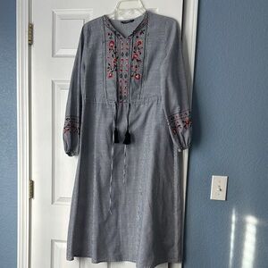 SHEIN Gray Midi Dress with Red Embroidery